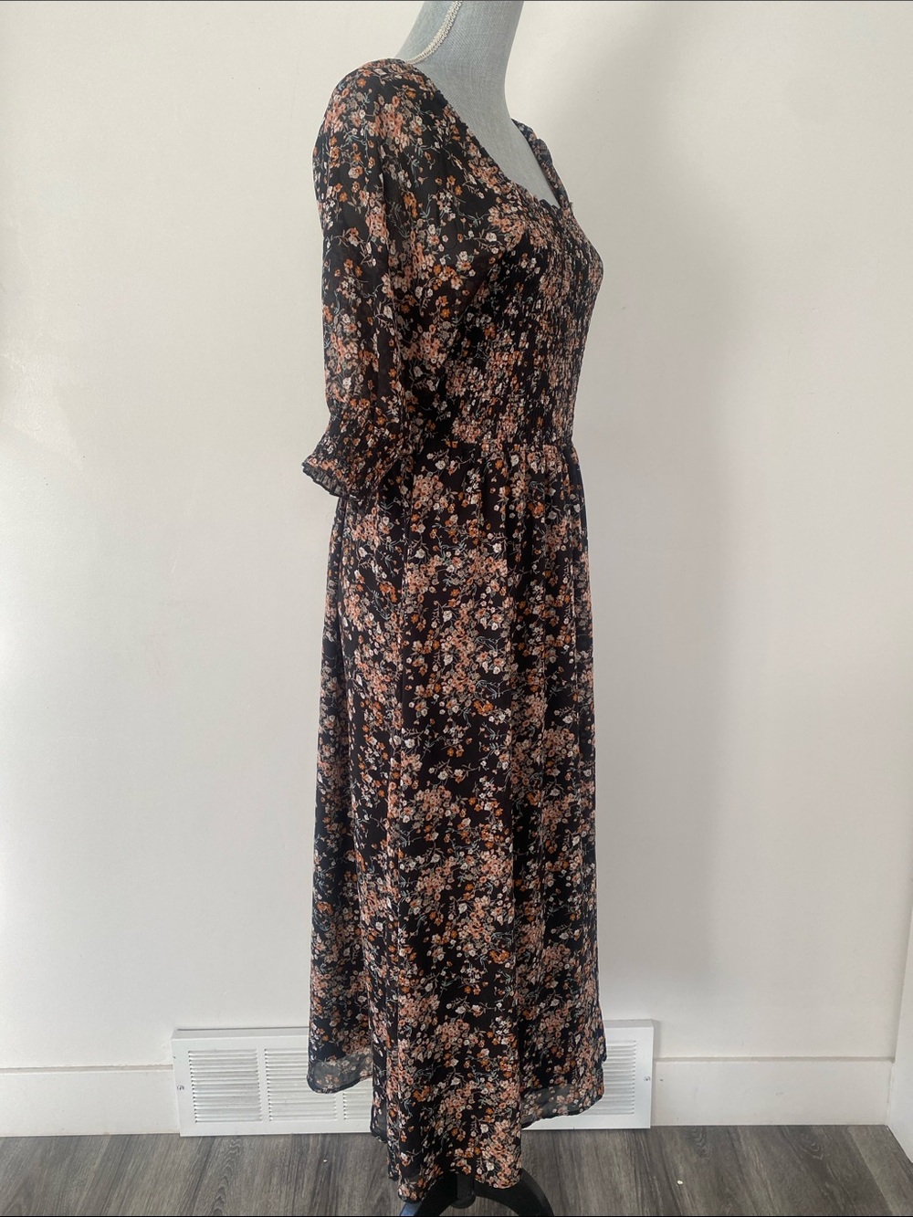 Mikarose Black Babydoll Maxi Dress Peach Floral Print Sz M Smocking Sheer Sleeve - Picture 10 of 13